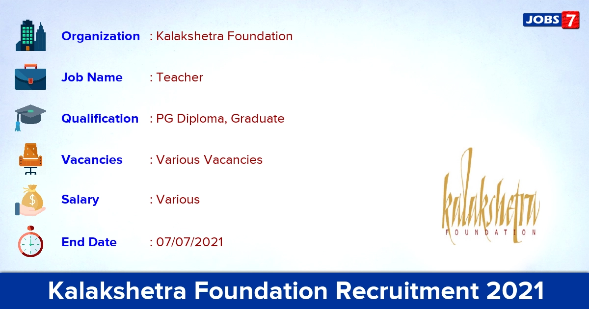 Kalakshetra Foundation Recruitment 2021 - Apply Online for Teacher Vacancies