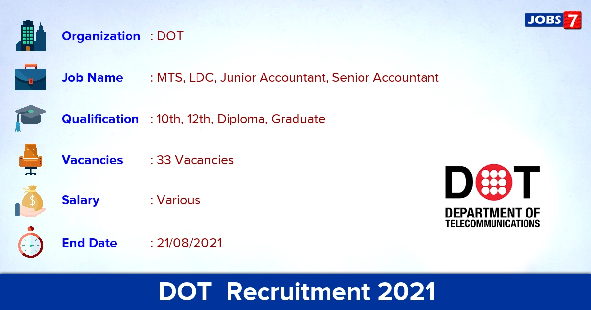 DOT  Recruitment 2021 - Apply Online for 33 MTS, Senior Accountant Vacancies