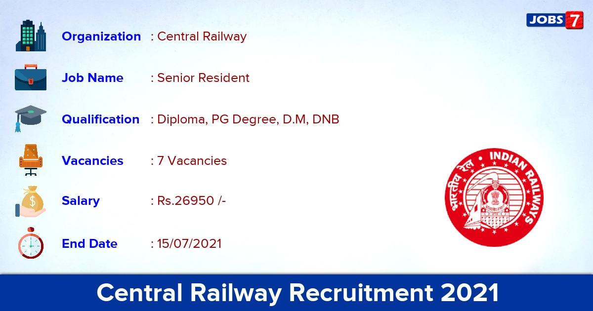 Central Railway Recruitment 2021 - Apply Offline for Senior Resident Jobs