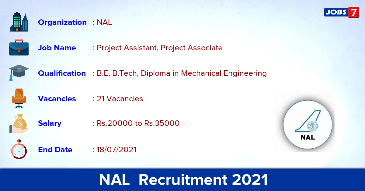 NAL Recruitment 2021 - Apply Online for 21 Project Associate Vacancies