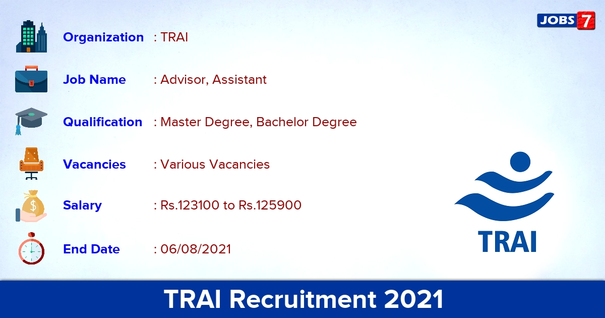 TRAI Recruitment 2021 - Apply Offline for Advisor, Assistant Vacancies