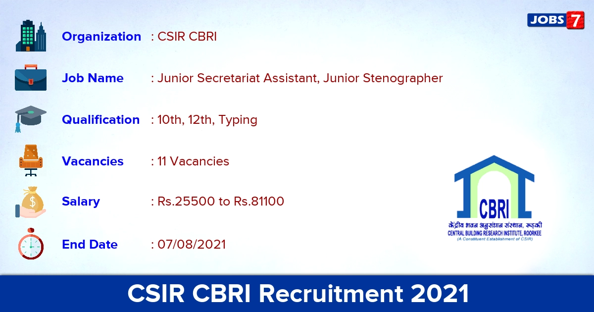 CSIR CBRI Recruitment 2021 - Apply Online for 11 Junior Stenographer Vacancies