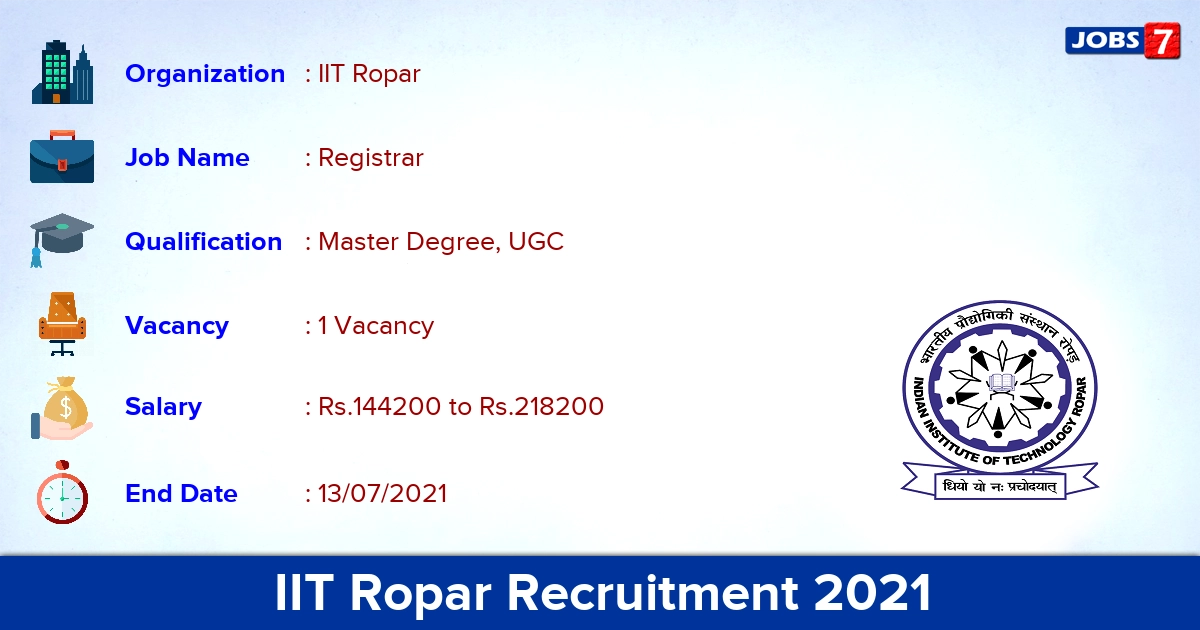 IIT Ropar Recruitment 2021 - Apply Online for Registrar Jobs