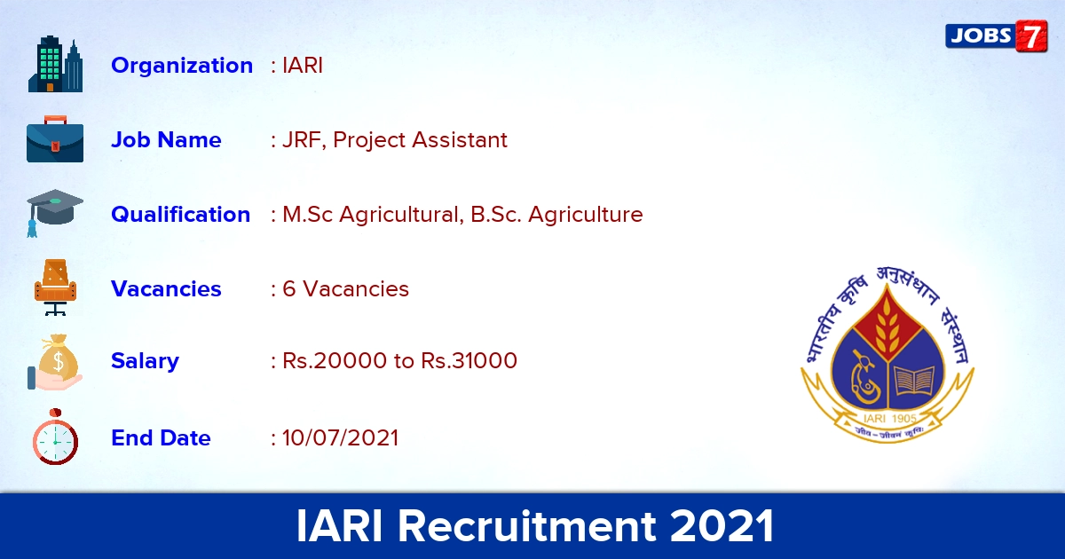 IARI Recruitment 2021 - Apply Online for JRF, Project Assistant Jobs