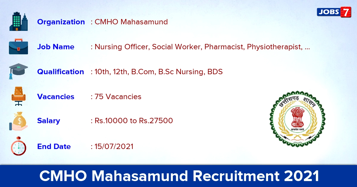 CMHO Mahasamund Recruitment 2021 - Apply Offline for 75 ANM, Dental Surgeon Vacancies