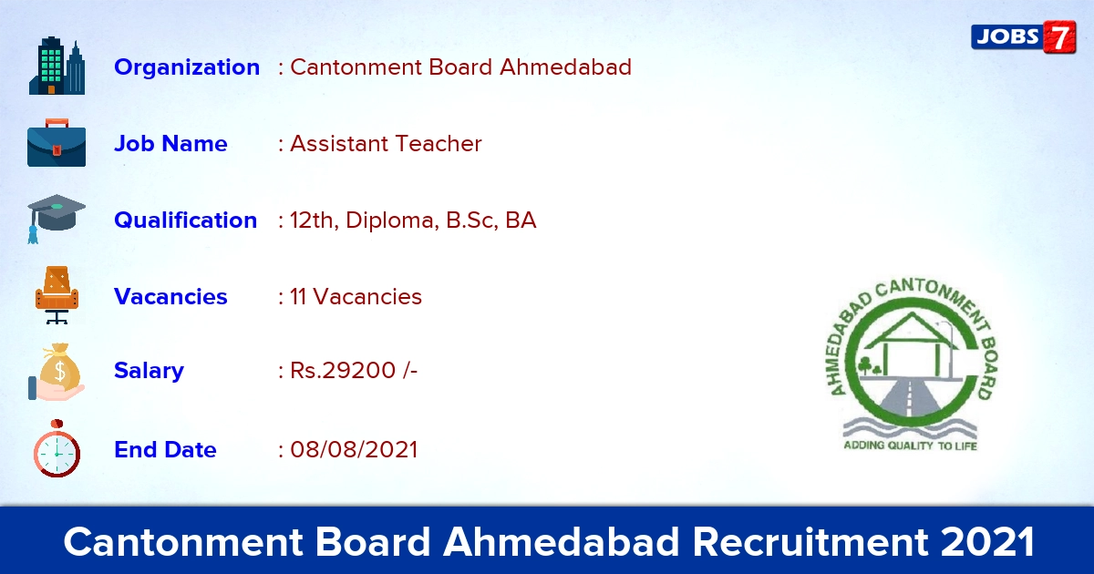 Cantonment Board Ahmedabad Recruitment 2021 - Apply Online for 11 Assistant Teacher Vacancies