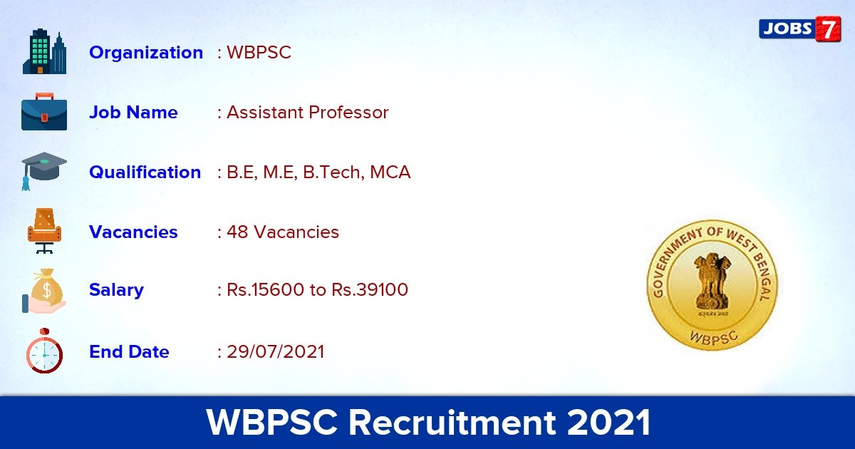 WBPSC Recruitment 2021 - Apply Online for 48 Assistant Professor Vacancies