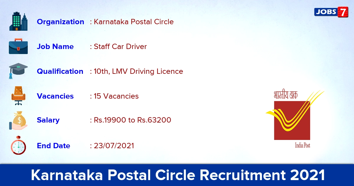 Karnataka Postal Circle Recruitment 2021 - Apply Offline for 15 Staff Car Driver Vacancies