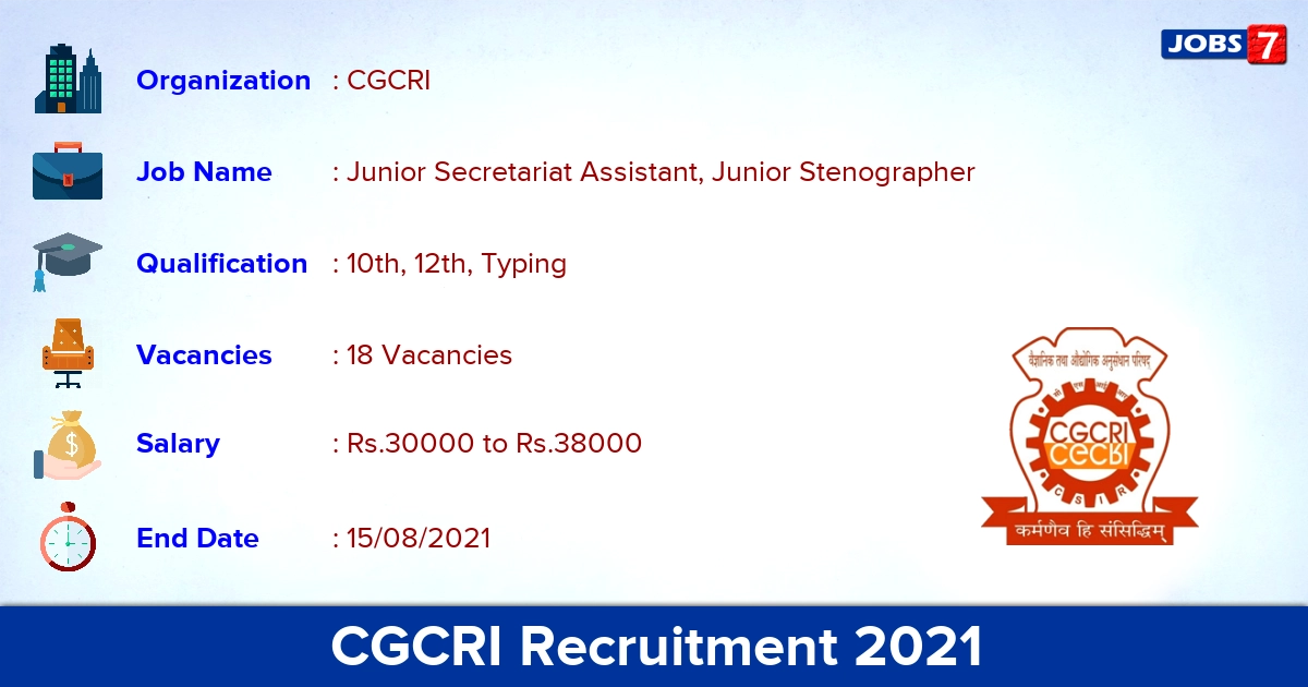 CGCRI Recruitment 2021 - Apply Online for 18 Junior Stenographer Vacancies