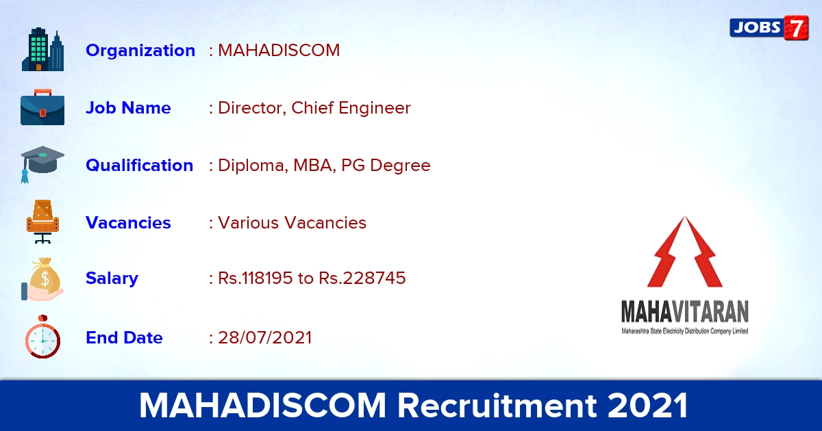 MAHADISCOM Recruitment 2021 - Apply Offline for Chief Engineer Vacancies
