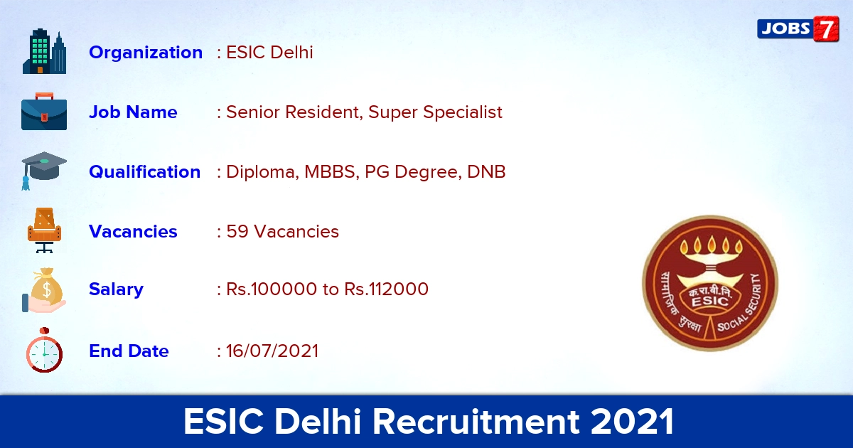 ESIC Delhi Recruitment 2021 - Apply Offline for 59 Super Specialist Vacancies