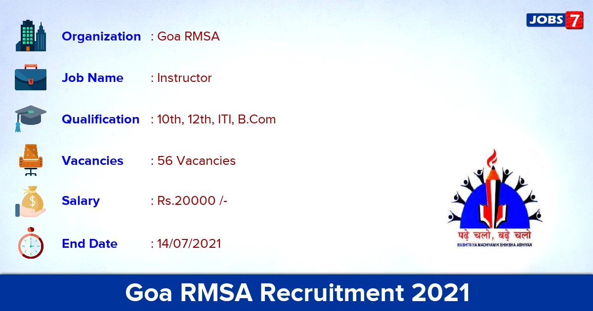 Goa RMSA Recruitment 2021 - Apply Online for 56 Instructor Vacancies