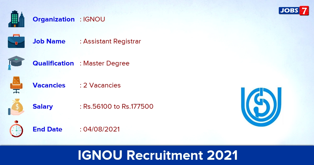 IGNOU Recruitment 2021 - Apply Online for Assistant Registrar Jobs