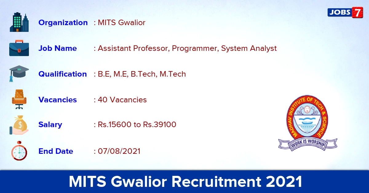 MITS Gwalior Recruitment 2021 - Apply Offline for 40 Assistant Professor Vacancies