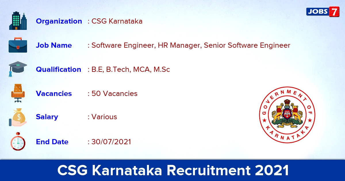 CSG Karnataka Recruitment 2021 - Apply Online for 50 Software Engineer Vacancies