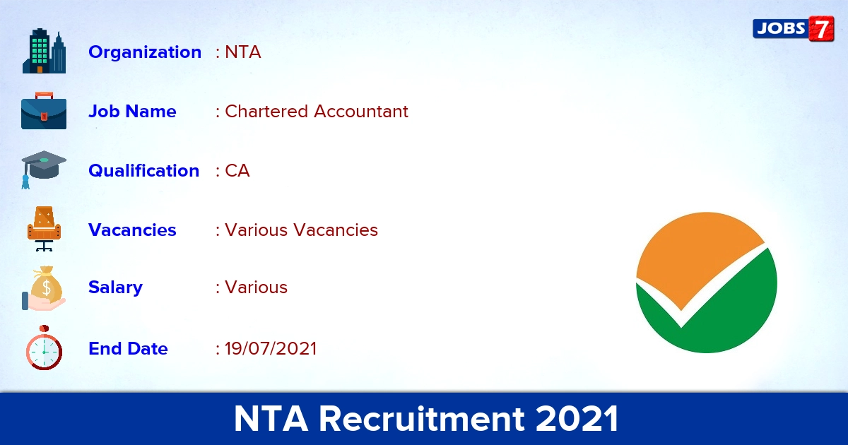 NTA Recruitment 2021 - Apply Online for Chartered Accountant Vacancies