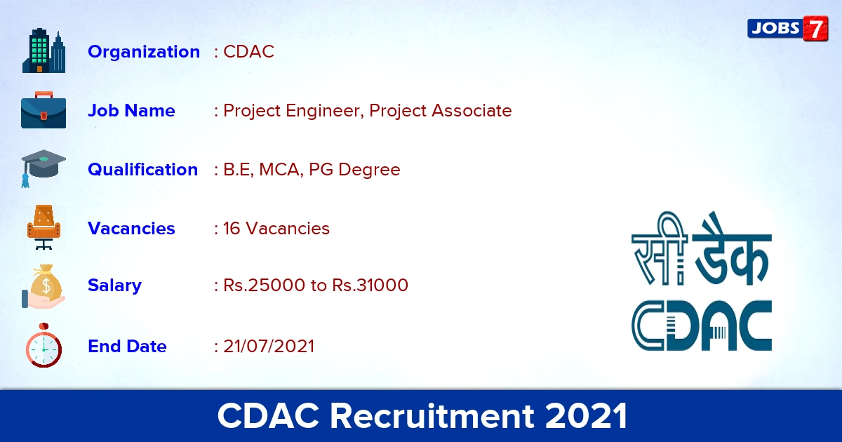 CDAC Recruitment 2021 - Apply Online for 16 Project Engineer Vacancies
