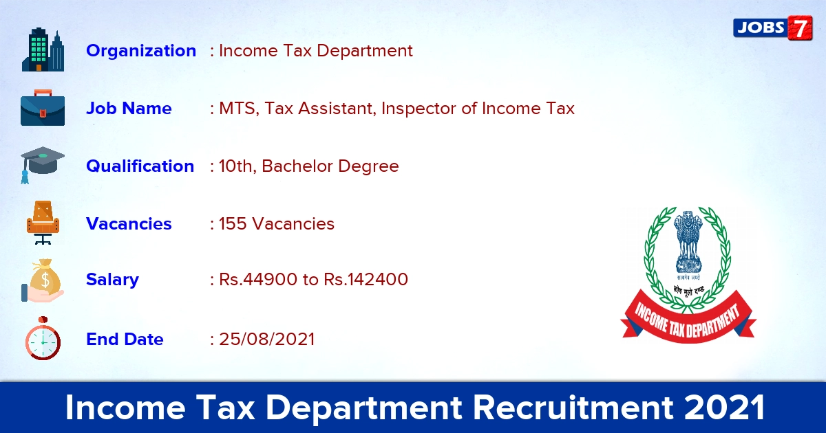 Income Tax Department Recruitment 2021 - Apply Online for 155 MTS, Tax Assistant Vacancies