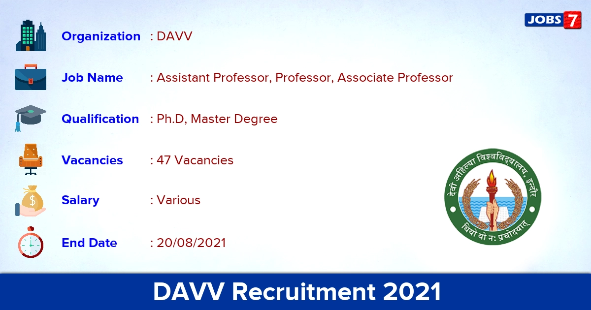 DAVV Recruitment 2021 - Apply Offline for 47 Professor Vacancies