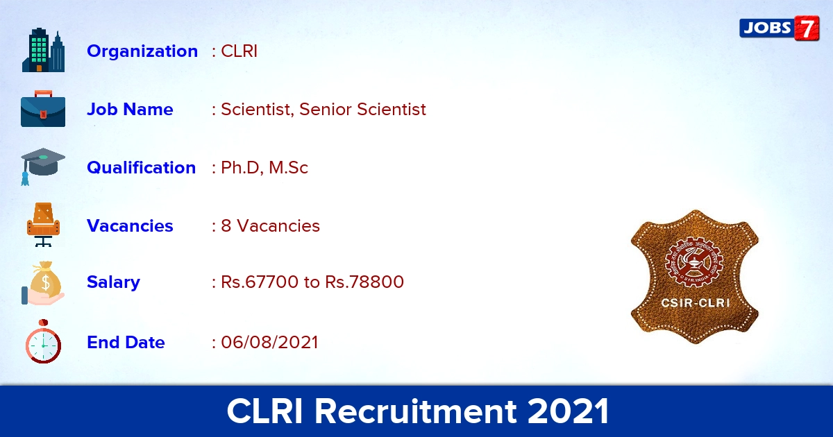 CLRI Recruitment 2021 - Apply Online for Senior Scientist Jobs