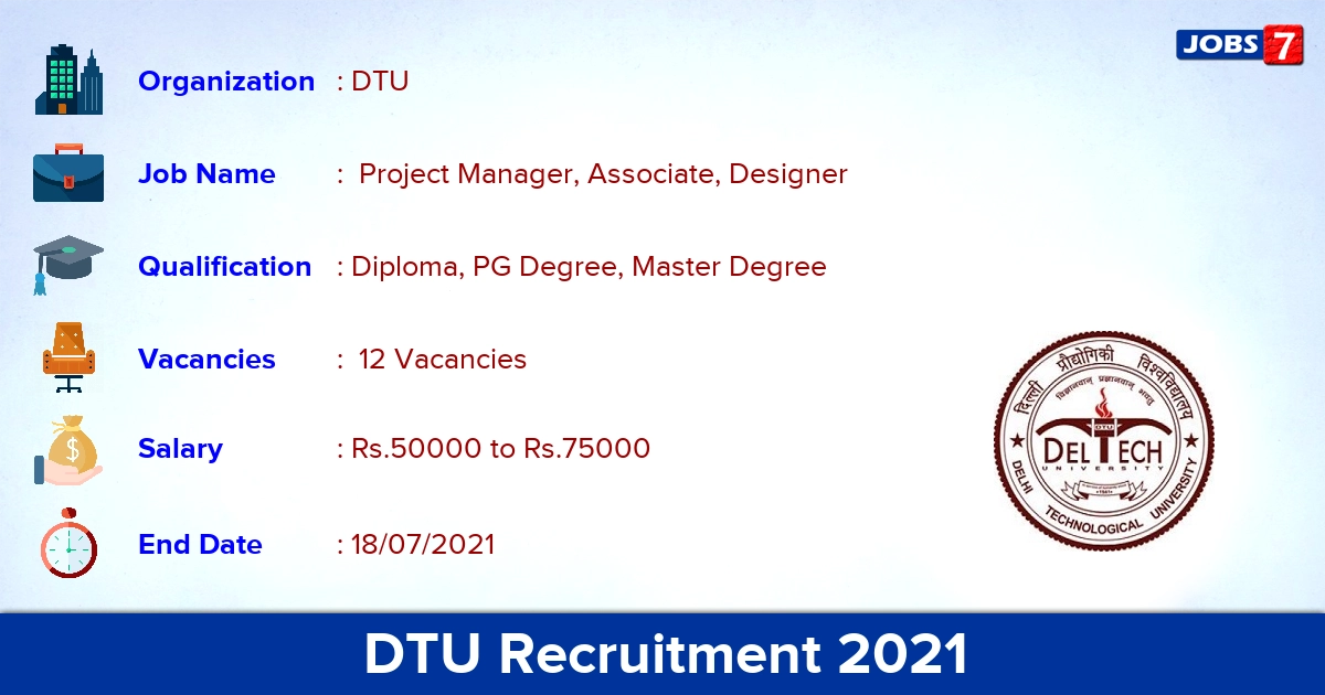 DTU Recruitment 2021 - Apply Online for 12 Project Manager, Designer Vacancies