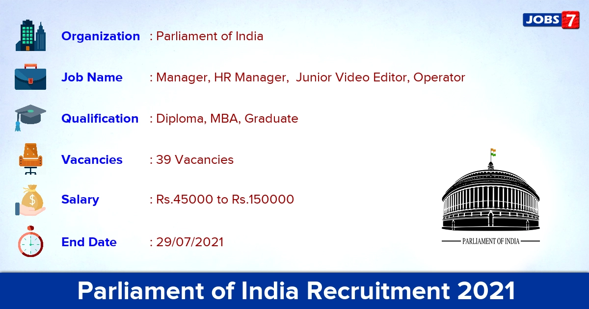Parliament of India Recruitment 2021 - Apply Online for 39 Junior Video Editor, Operator Vacancies