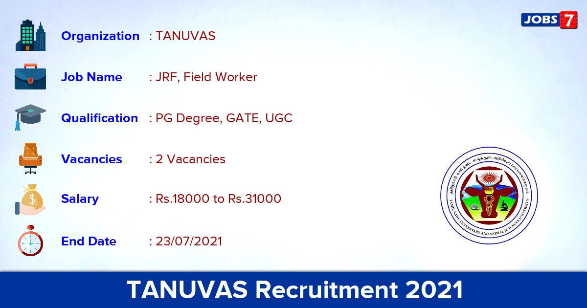 TANUVAS Recruitment 2021 - Apply Offline for JRF, Field Worker Jobs