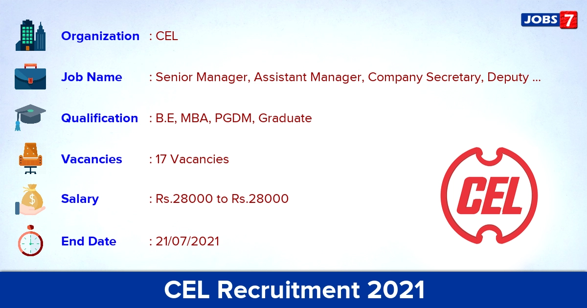 CEL Recruitment 2021 - Apply Online for 17 Marketing Officer Vacancies