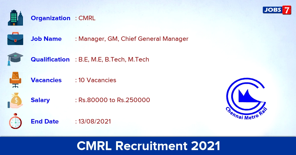 CMRL Recruitment 2021 - Apply Offline for 10 General Manager Vacancies