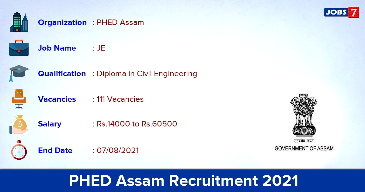 PHED Assam Recruitment 2021 - Apply Online for 111 Junior Engineer Vacancies