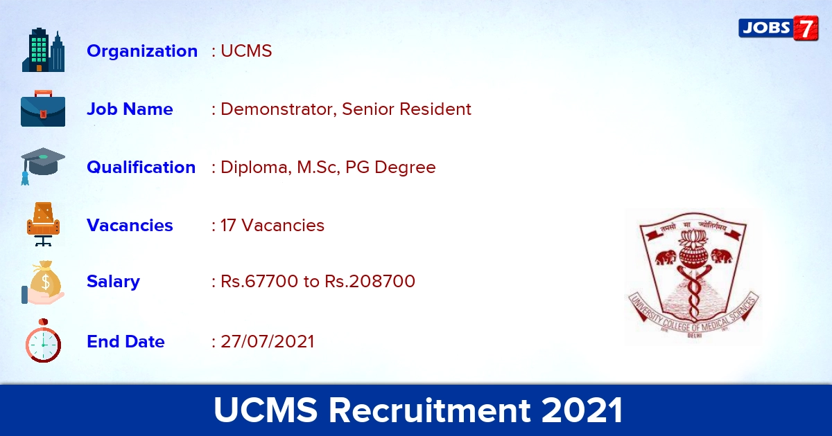 UCMS Recruitment 2021 - Apply Online for 17 Senior Resident Vacancies