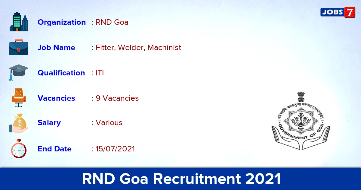 RND Goa Recruitment 2021 - Apply Offline for Fitter, Welder Jobs
