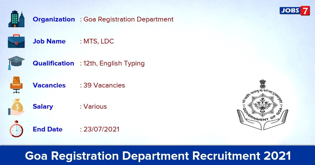 Goa Registration Department Recruitment 2021 - Apply Online for 39 MTS, LDC Vacancies