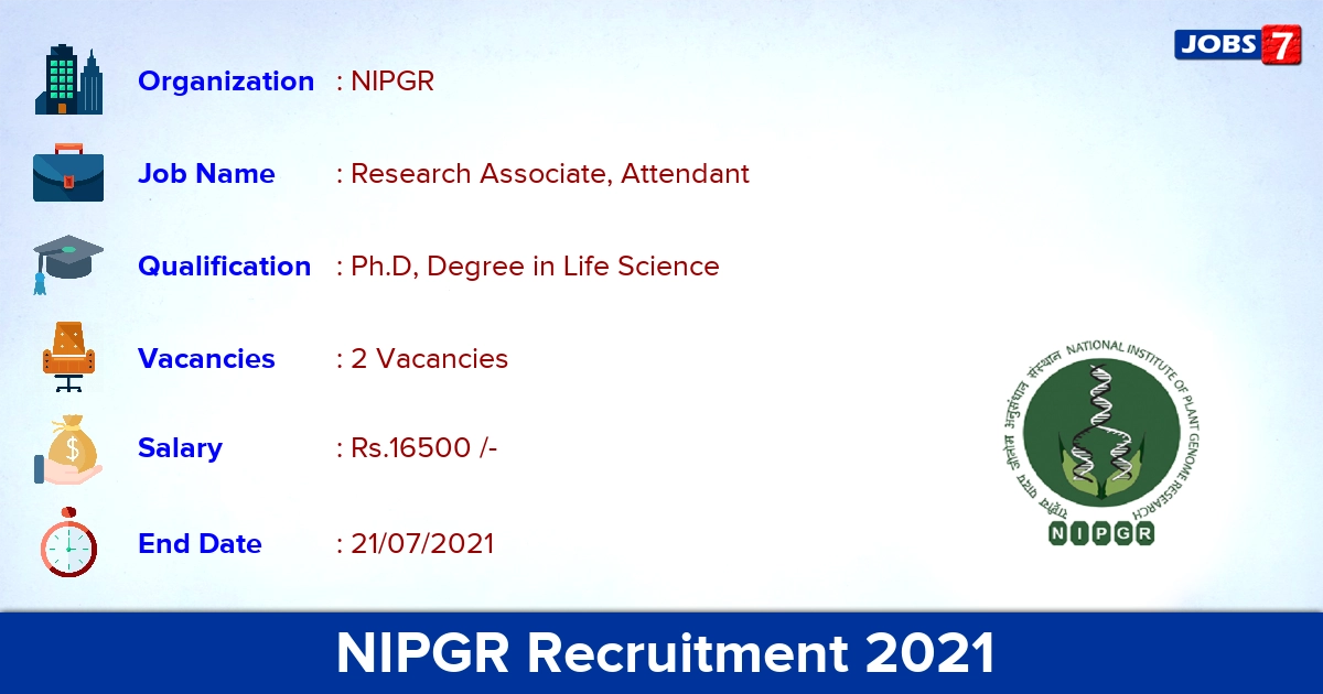 NIPGR Recruitment 2021 - Apply Online for Research Associate Jobs