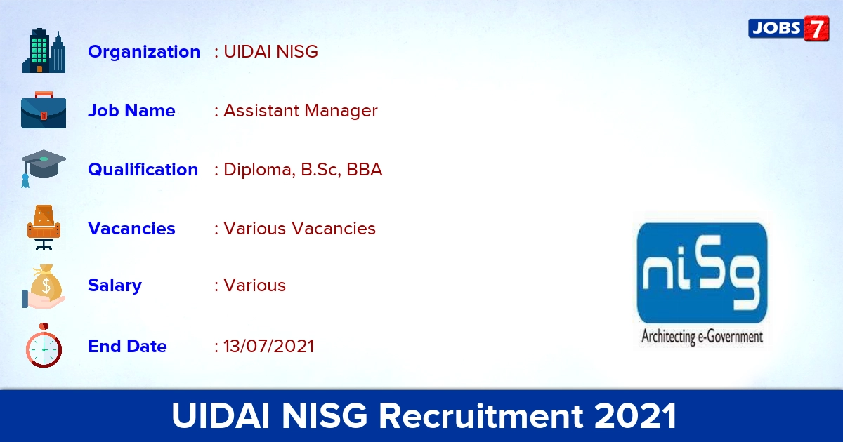 UIDAI NISG Recruitment 2021 - Apply Online for Assistant Manager Vacancies