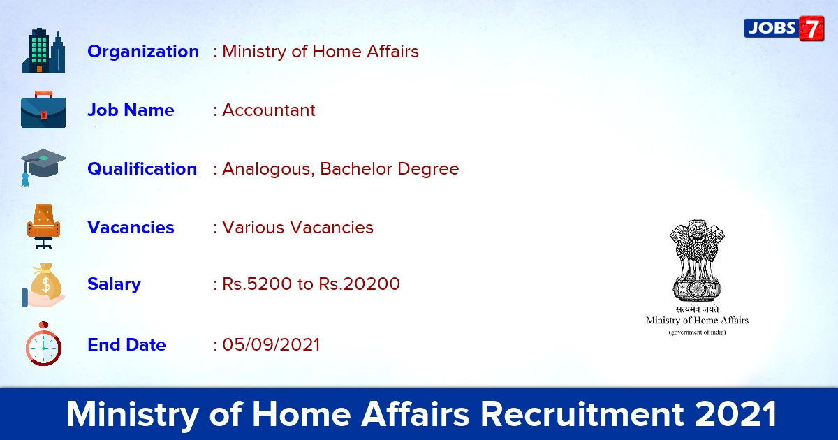 Ministry of Home Affairs Recruitment 2021 - Apply Offline for Accountant Vacancies