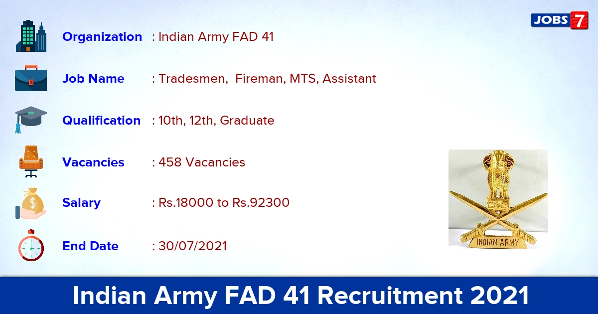 Indian Army FAD 41 Recruitment 2021 - Apply Offline for 458 Tradesmen, MTS Vacancies