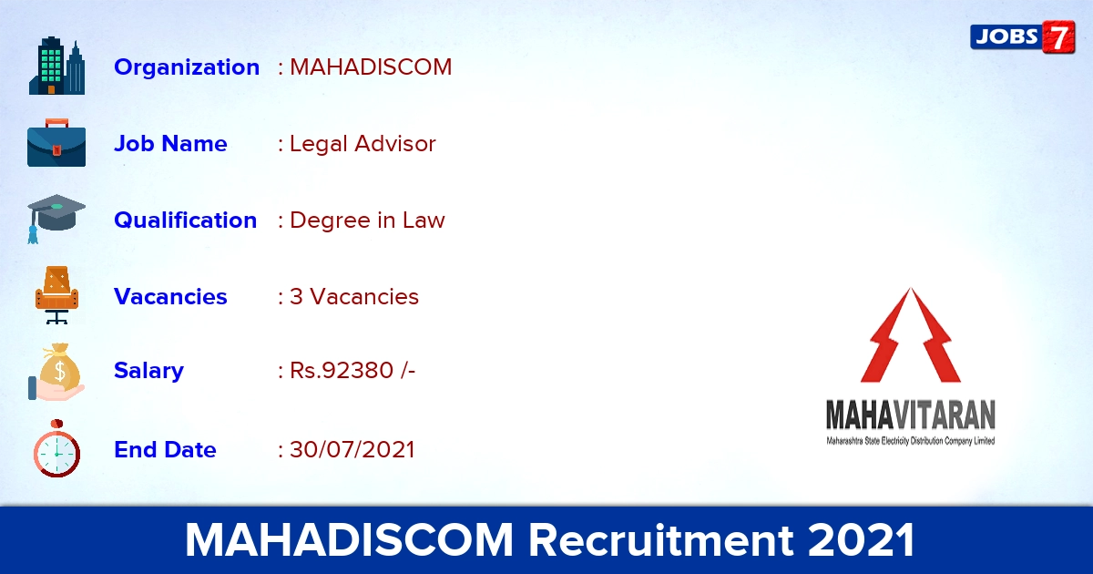 MAHADISCOM Recruitment 2021 - Apply Offline for Legal Advisor Jobs