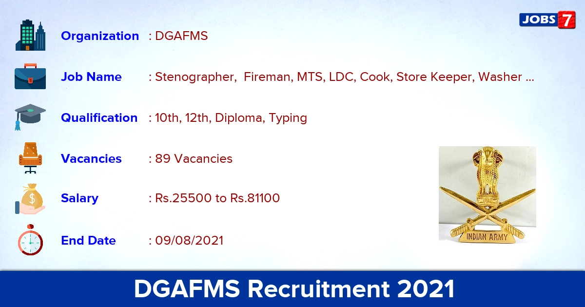 DGAFMS Recruitment 2021 - Apply Offline for 89 Stenographer, MTS Vacancies