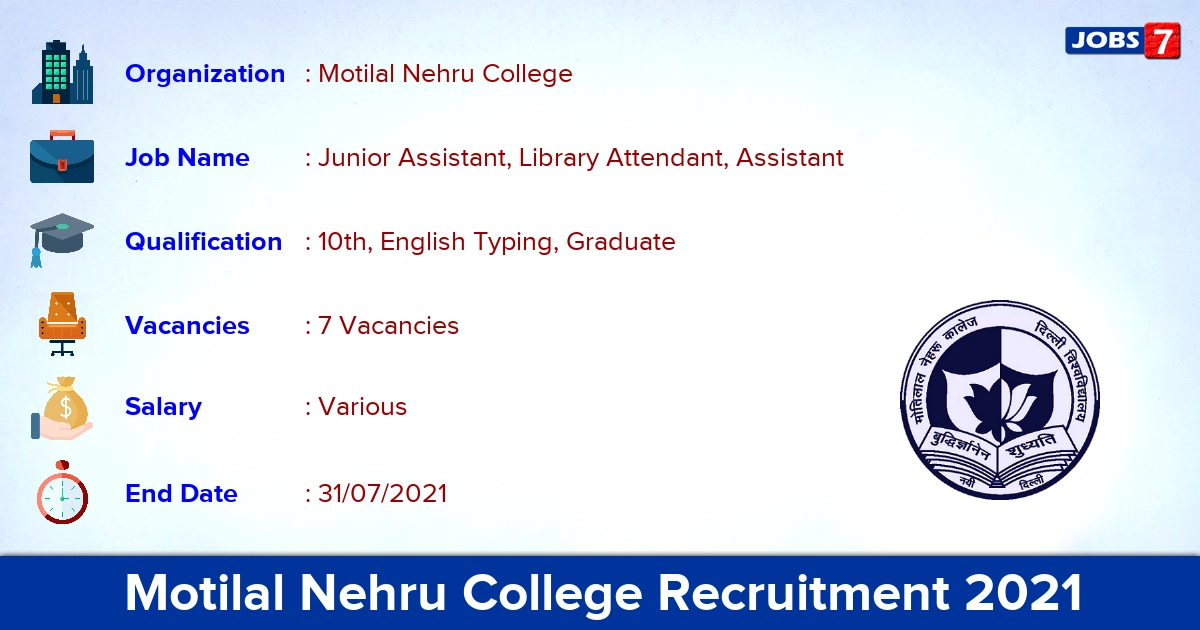 Motilal Nehru College Recruitment 2021 - Apply Online for Junior Assistant Jobs