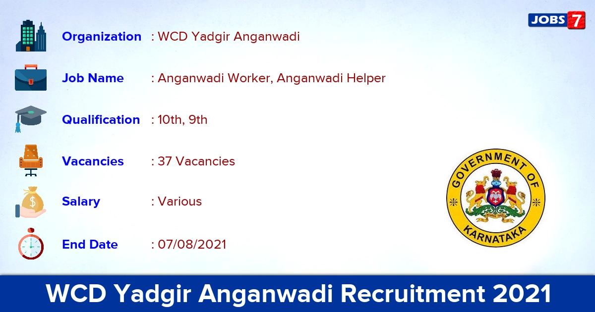 WCD Yadgir Anganwadi Recruitment 2021 - Apply Online for 37 Anganwadi Helper Vacancies
