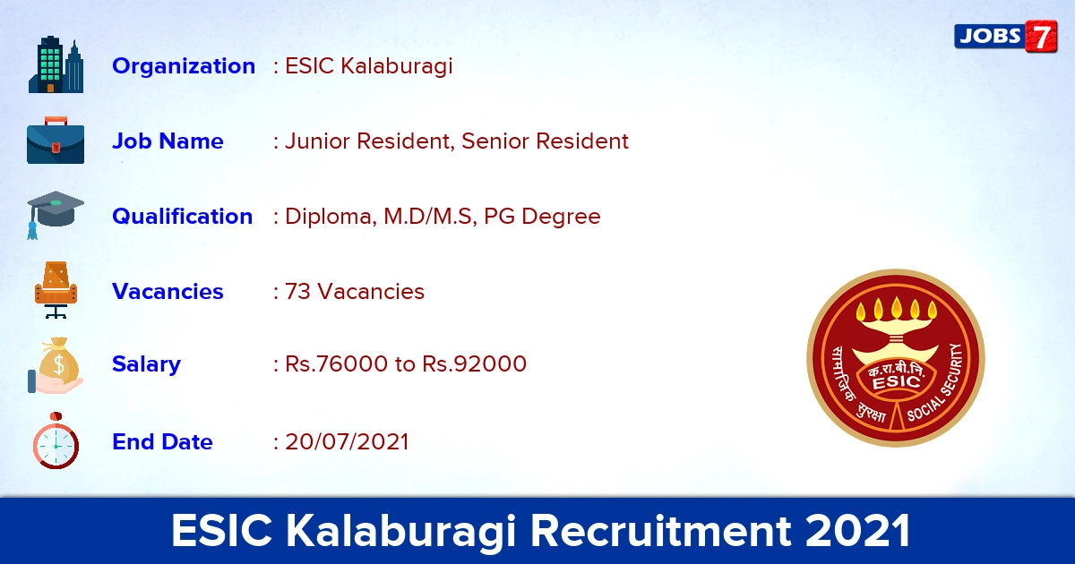 ESIC Kalaburagi Recruitment 2021 - Apply Offline for 73 Senior Resident Vacancies