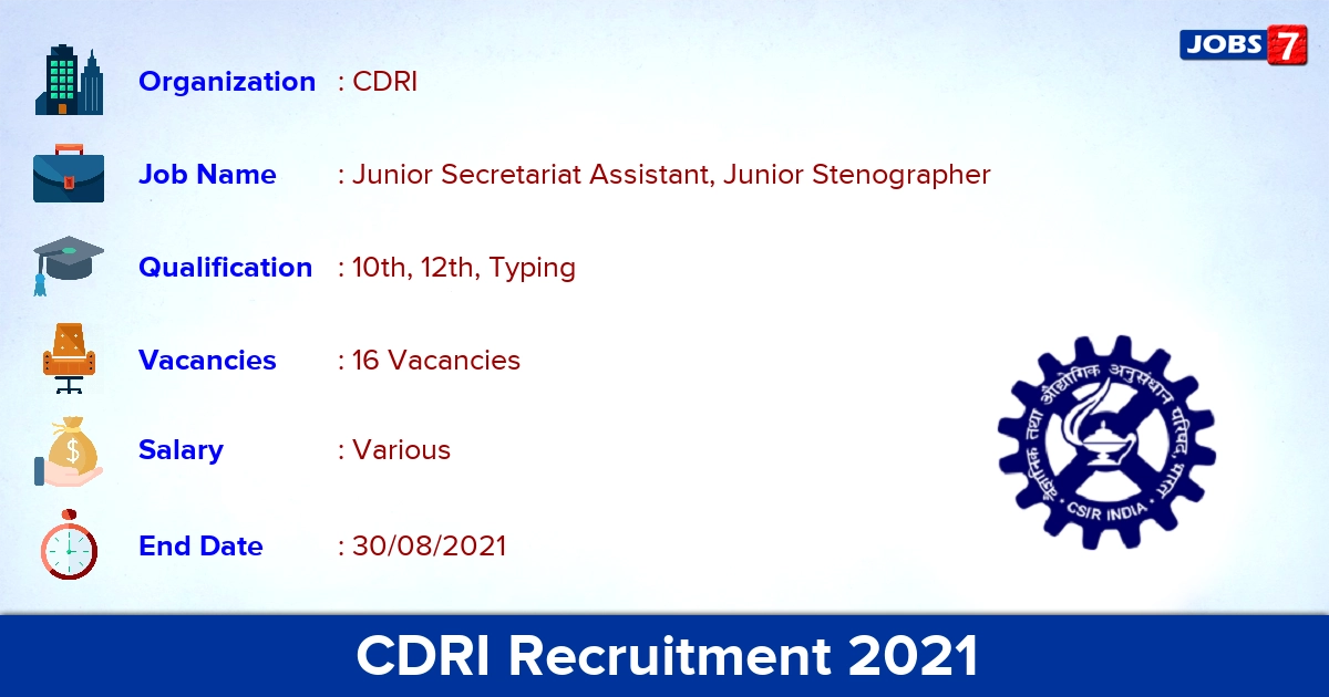 CDRI Recruitment 2021 - Apply Online for 16 Junior Stenographer Vacancies