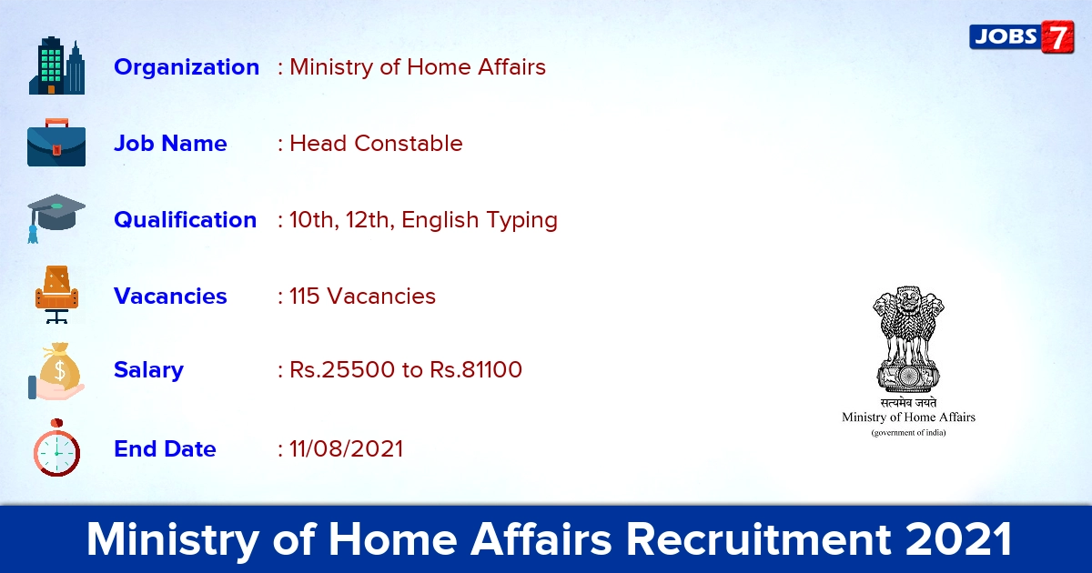 Ministry of Home Affairs Recruitment 2021 - Apply Online for 115 Head Constable Vacancies