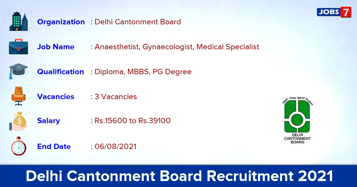 Delhi Cantonment Board Recruitment 2021 - Apply Online for Medical Specialist Jobs