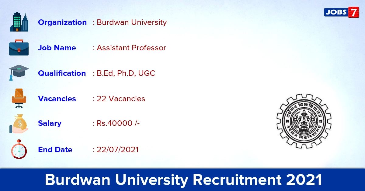 Burdwan University Recruitment 2021 - Apply Offline for 22 Assistant Professor Vacancies