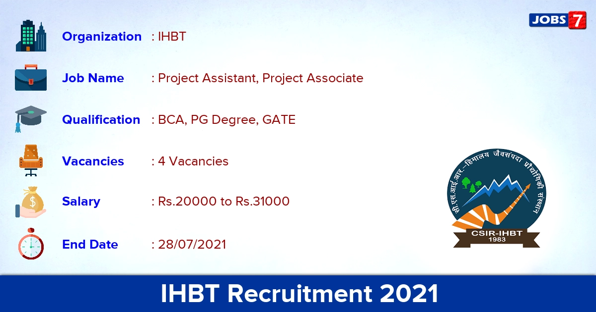 IHBT Recruitment 2021 - Apply Online for Project Associate Jobs