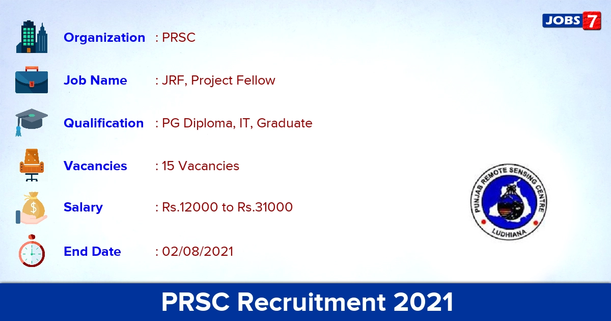 PRSC Recruitment 2021 - Apply Online for 15 JRF, Project Fellow Vacancies