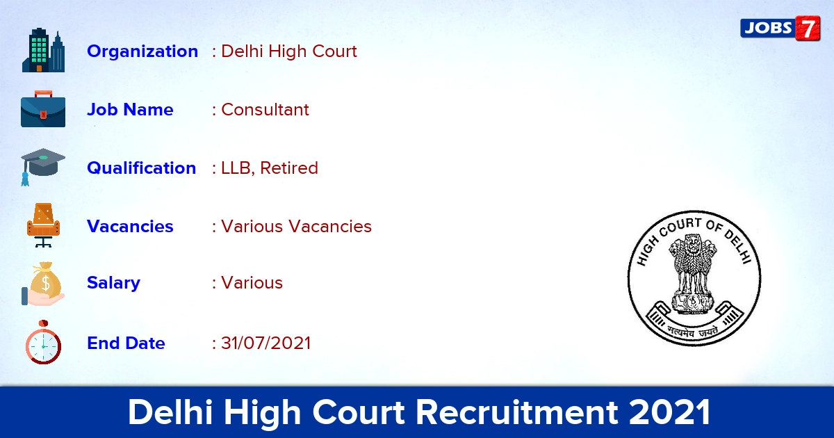 Delhi High Court Recruitment 2021 - Apply Online for Consultant Vacancies