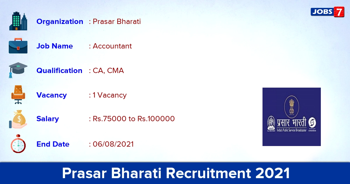 Prasar Bharati Recruitment 2021 - Apply Offline for Accountant Jobs
